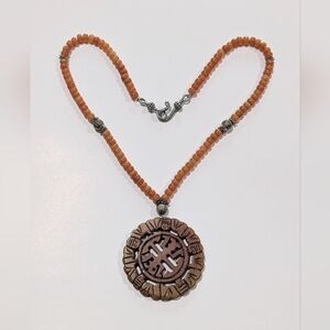 Vintage Polished Genuine Carnelian Bead Carved Stone Medallion 19.5" Necklace